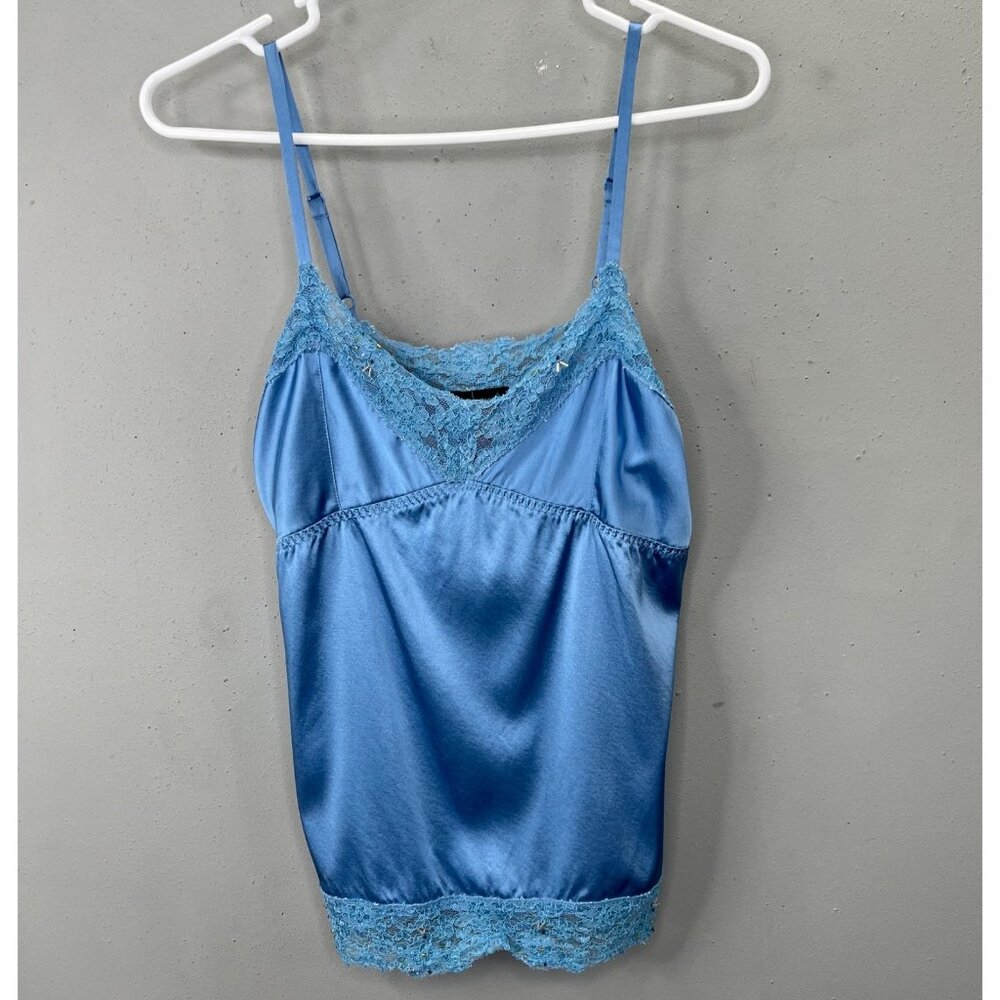 Moda International Y2K Tank Top Babydoll Cami M Blue Satin Lace Beaded Fairy 90s